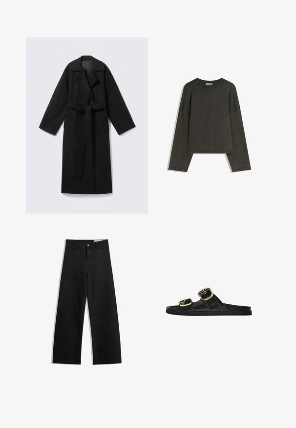 Black wool blend coat with a notched collar, long sleeves, double-breasted front, side pockets, and a fabric belt. Smooth texture.; Dark grey long-sleeve top made of cotton-blend fabric. Boxy shape with a round neckline and dropped shoulders, featuring visible stitching.; Black wide-leg denim pants with a high waist, featuring front and back pockets, stitched seams, and a button closure. Smooth texture.; Black slide sandal with two gold buckle accents, smooth textured material, flat sole, and a minimalist design.