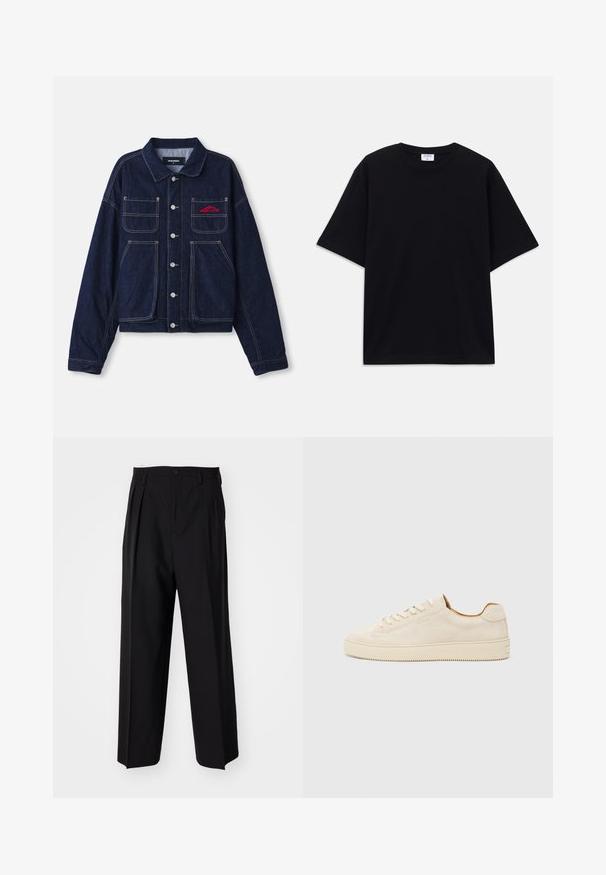Dunkelblaue Jeansjacke mit Kragen, Vorderknöpfen, zwei Brusttaschen und gesticktem Logo in Rot. Verfügt über kontrastierende gelbe Nähte.; Schwarzes, oversized T-Shirt mit kurzen Ärmeln und rundem Ausschnitt, mit sichtbarem Filippa K Markenlabel im Kragen.; Schwarze, plissierte Hose mit geradem, weitem Bein. Hergestellt aus glattem Stoff, mit Knopfverschluss und Gürtelschlaufen.; Beige Wildledersneaker mit einem Low-Top-Design, runder Zehenform, flachen Schnürsenkeln und einer strukturierten Gummisohle. Minimalistischer Stil ohne sichtbare Logos.