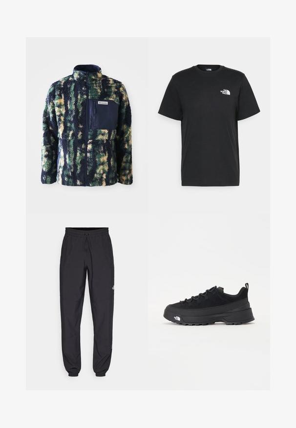 Giacca in pile con colletto blu navy, motivo camouflage multicolore in verde, giallo e blu, dotata di tasca sul petto con zip.; T-shirt nera in cotone con maniche corte, colletto a giro, e un piccolo logo bianco sul lato sinistro del petto. Design semplice, texture liscia e vestibilità rilassata.; Pantaloni sportivi neri realizzati in tessuto leggero, con vita regolabile con cordino, tasche laterali e orli affusolati alle caviglie.; Sneaker da esterno nera con parte superiore in suede, suola in gomma testurizzata e robusto sistema di allacciatura. Presenta un tallone rinforzato e il logo del marchio sul lato.