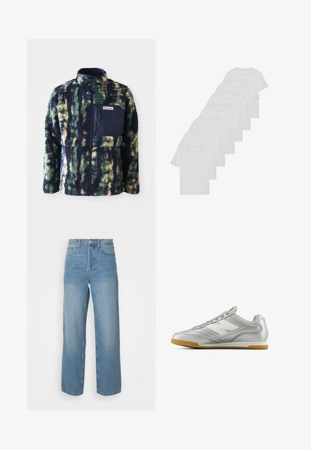 Fleecejakke med mørkeblå krage, flerfarget camouflagemønster i grønn, gul og blå, har en glidelås-lomme på brystet.; Hvite bomulls T-skjorter, korte ermer, rund hals-design, enkel tekstur, stablet i en rekke, med subtil merking ved halsen.; Høytlivs lys blå denimjeans med rette ben, front lukking med knapp, og fem lommer på ensfarget bakgrunn.; Sølv idrettssko med en glatt, blank overflate, hvit logo på siden, teksturerte grå snører, og såle av gummigummi.