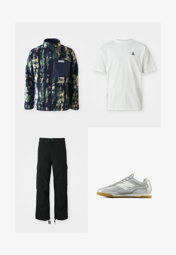 Fleeces jaka ar tumši zilu apkakli, daudzkrāsains kamuflāžas raksts zaļā, dzeltenā un zilā krāsā, ar rāvējslēdzēja krūšu kabatu.; Balts īsās piedurknes T-krekls ar mazu melnu trīsstūra logotipu, kurā ir "acg", uz kreisā krūšu. Vienkāršs fons.; Melnas kravas bikses, izgatavotas no izturīgas auduma, ar diviem sānu kabatām, pogu aizdari un regulējamiem hieroglifiem, lai nodrošinātu brīvu, relaksētu piegriezumu.; Sudraba sporta apavi ar gludu, spīdīgu virsmu, balto logo sānos, teksturētām pelēkajām šņorēm un gumijas zoli.