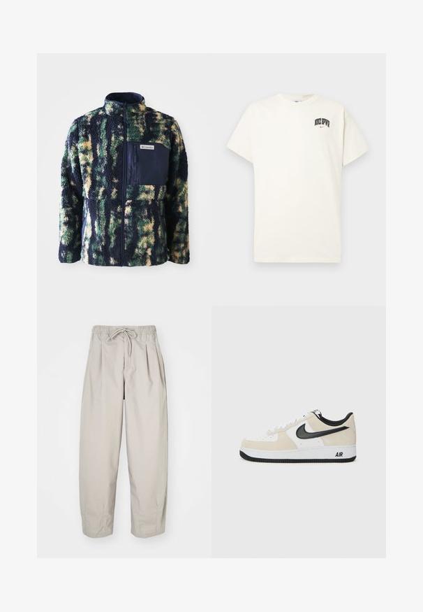 Fleecejack met een marineblauwe kraag, een meerkleurig camouflagepatroon in groen, geel en blauw, en voorzien van een ritszak op de borst.; Crème-kleurige katoenen T-shirt met korte mouwen, voorzien van "NIKE SB" in zwarte en rode tekst op de borst. Standaard ronde halslijn.; Beige, lichte broek met een elastische tailleband en trekkoord. Beschikt over plooien en een losse pasvorm, gemaakt van een zachte, gladde stof.; Sneakers met een lichtbeige suède en witte leren bovenkant, zwarte Nike swoosh, zwarte accenten en een witte rubberen zool met "AIR" branding.