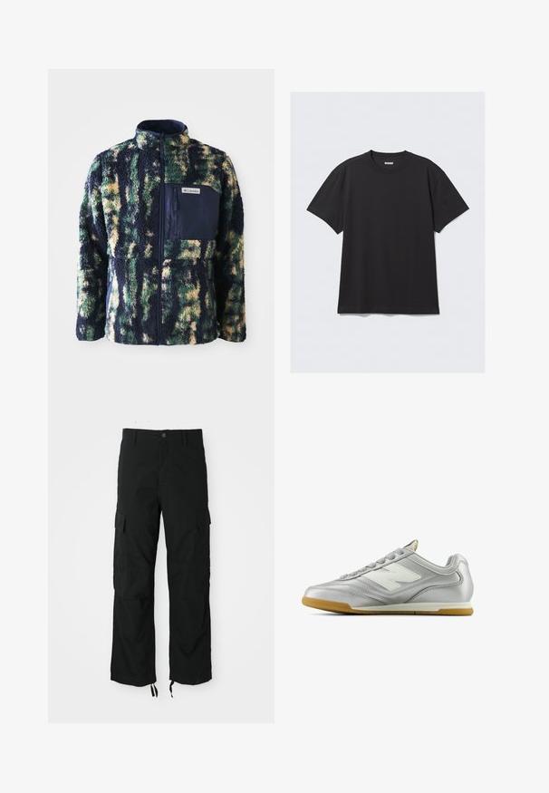 Fleece jacket with a navy blue collar, multi-colored camouflage pattern in green, yellow, and blue, features a zippered chest pocket.; Black short-sleeve t-shirt made of cotton. Features a crew neckline and a relaxed fit. Simple design with no patterns or accents visible.; Black cargo pants made of durable fabric, featuring two side pockets, a button closure, and adjustable hems for a loose, relaxed fit.; Silver athletic shoe with a smooth, shiny surface, white logo on the side, textured gray laces, and a gum rubber sole.