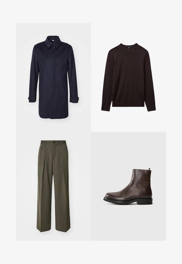 Palton din lână bleu marin cu guler ascuțit, închidere cu un singur nasture și două buzunare frontale. Are mâneci lungi cu manșete cu nasturi și o siluetă dreaptă.; Reiss Pulover - dark bordeaux; Filippa K WIDE TROUSERS - Pantaloni - driftwood; Botină din piele maro, cu o textură netedă, panouri elastice pe laterale, buclă în partea din spate și talpă din cauciuc robustă.
