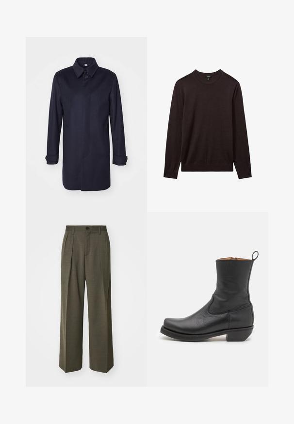 Sötétkék gyapjú kabát hegyes gallérral, egysorú gombos záródással és két elülső zsebbel. Hosszú ujjaival és gombos mandzsettáival, valamint egyenes szabású fazonjával rendelkezik.; Reiss Pulóver - dark bordeaux; Filippa K WIDE TROUSERS - Nadrágok - driftwood; Fekete bőrből készült bokacsizma sima textúrával, karcsú profilal, oldalvégekkel és alacsony négyzetes sarokkal. A hátsó részen húzófüle található.