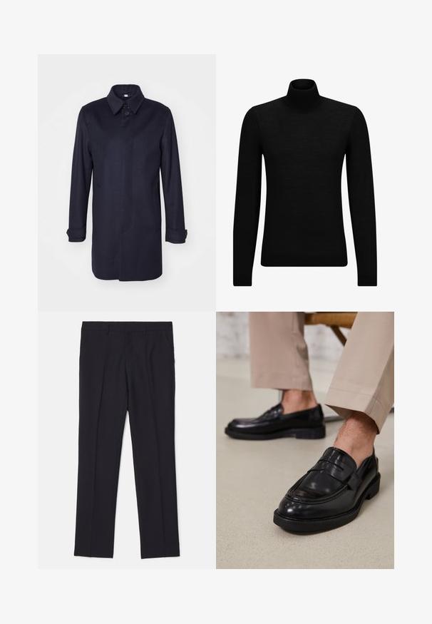 Marineblauwe wollen jas met een spitse kraag, enkele knoopsluiting en twee voorzakken. Heeft lange mouwen met knoopmanchetten en een rechte silhouette.; Zwarte coltrui van zacht materiaal, met lange mouwen en een snug fit. Geribbelde afwerking aan de onderkant en mouwen. Eenvoudig ontwerp.; Zwarte op maat gemaakte broeken van gladde stof, met twee zijzakken, een rechte pijpdesign en zonder zichtbare patronen of accenten.; Zwarte leren loafers met een gladde afwerking, voorzien van een decoratieve band en contrasterende stiksels, gecombineerd met beige broeken.