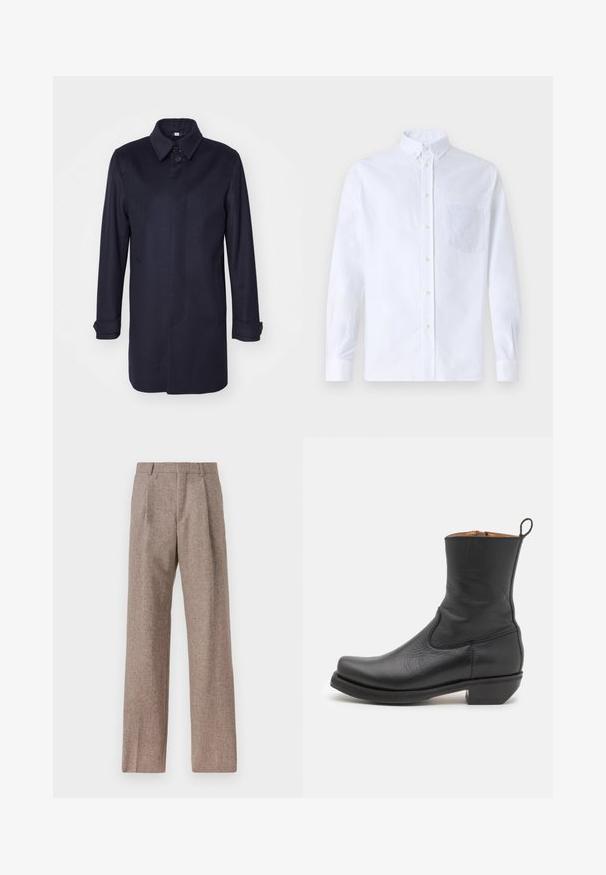 Palton din lână bleu marin cu guler ascuțit, închidere cu un singur nasture și două buzunare frontale. Are mâneci lungi cu manșete cu nasturi și o siluetă dreaptă.; Cămașă albă cu mânecă lungă, din bumbac, prevăzută cu un buzunar pe piept cu broderie tonală, guler și manșete cu buton.; Pantaloni bej, cu talie înaltă, dintr-un material texturat. Prezintă picioare late și două pliseuri frontale pentru structură. Finisaj îngrijit, fără accesorii vizibile.; Botină neagră din piele cu o textură netedă, profil subțire, cusături laterale și toc pătrat mic. Are o buclă de prindere în partea din spate.