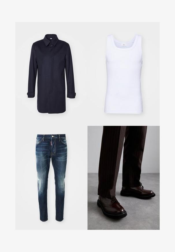 Sötétkék gyapjú kabát hegyes gallérral, egysorú gombos záródással és két elülső zsebbel. Hosszú ujjaival és gombos mandzsettáival, valamint egyenes szabású fazonjával rendelkezik.; Fehér pamut ujjatlan trikó kerek nyakkivágással, sima textúrával és testhezálló fazonnal, amelyet hétköznapi viseletre terveztek.; Sötétkék farmernadrág slim fit szabással, elhasználódott területekkel a combokon és a térdeken, öt zsebbel és fém gombos záródással.; Barna bőrből készült, fényezett felületű, fűzős cipők, fekete gumitalppal és diszkrét varrásokkal. Csíkos barna nadrággal viselve.