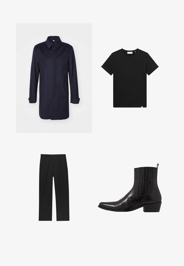 Cappotto in lana blu navy con colletto a punta, chiusura con un solo bottone e due tasche laterali. Presenta maniche lunghe con polsini bottone e una silhouette dritta.; T-shirt nera a maniche corte in cotone, con scollatura rotonda e un piccolo logo ricamato sul petto. Tessuto liscio, vestibilità standard.; Pantaloni neri con un design a gamba dritta, realizzati in un tessuto liscio. Presentano pieghe frontali e una chiusura a un bottone in vita.; Stivale alla caviglia in pelle nera con punta affusolata, pannelli laterali elasticizzati, accenti di cuciture verticali e tacco a blocco basso.