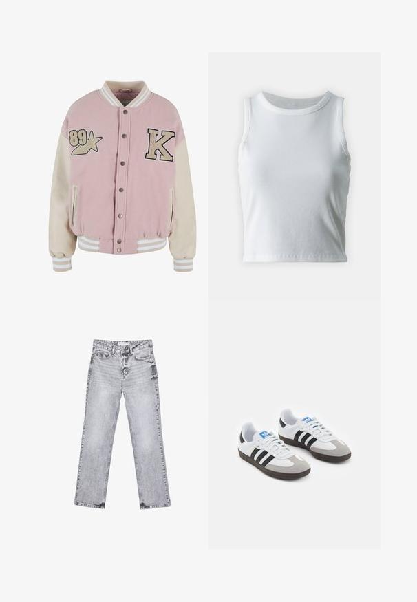 Karl Kani RETRO PATCH STAR OS COLLEGE - Bombertakki - rose lightsand; Valkoinen poimutettu hihaton toppi, jossa on pyöreä kaula-aukko, suora helma ja sileä, joustava materiaali.; Harmaat farkut suoran lahkeen leikkauksella, kulutettu yksityiskohtia, viisi taskua ja kuparinappi. Vyötärönauha sisältää logotagin.; Urheilukengät, joissa on valkoinen nahkainen päällinen, harmaa mokkanokka ja kolme mustaa raitaa. Ominaisuuksina sininen logo kielekkeessä ja kuvioitu kumipohja.