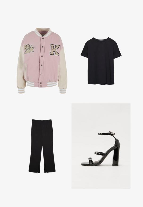 Karl Kani RETRO PATCH STAR OS COLLEGE - Bomber jakna - rose lightsand; Enostavna črna bombažna majica s kratkimi rokavi in okroglim izrezom, prikazana na belem ozadju.; Črne hlače ravnega kroja z naglavnimi žepi in stranskimi razporki na robu. Narejene iz mehke, gladke tkanine. Primerne za različne priložnosti.; Črne lakirane sandale s peto, kvadratnim prstom, trakovi okrog gležnja in srebrnimi zaponkami. Opremljene so s stabilno Debelo peto.