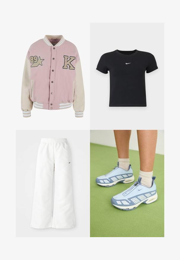 Karl Kani RETRO PATCH STAR OS COLLEGE - Bomber tipa jaka - rose lightsand; Melns īsām piedurknēm T-krekls no kokvilnas ar apaļu kakla izgriezumu. Ar balto Nike logotipu uz krūtīm, minimālisma dizains un pieguļošs siluets.; Baltie sporta bikses ar plaša kāju dizainu, elastīgu jostasvietu un mazu melnu Nike logo kreisajā pusē. Gluda, viegla materiāla.; Gaiši zili sporta apavi ar baltajiem akcentiem, teksturētām paneļiem un ar rāvējslēdzēja aizdari. Raksturīga redzama gaisa amortizācijas zole un gumijas zole.