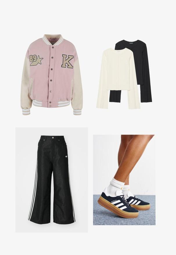 Karl Kani RETRO PATCH STAR OS COLLEGE - Bomber-jakk - rose lightsand; Kaksik Eri pikkusega valge ja musta värvi pikkade varrukatega topsi. Ribikstruktuur, ümar kaelus, lihav disain, veidi laienevate varrukatega.; Mustad mustadeline denimipüksid, millel on kummalgi küljel kolm valget triipu ja väike valge logo. Omab esikotte ja nööbiga kinnihoidmist.; Mustad seemisnahast tossud valgete triipude ja detailidega, ümarate varbassosadega, kummist välistallaga, paaritatud valgete soonikuliste meessokkidega.