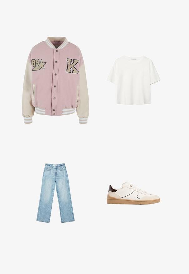 Karl Kani RETRO PATCH STAR OS COLLEGE - Bomber jakna - rose lightsand; Bela kratka majica s kratkimi rokavi iz bombaža. Ima okroglo izrezovanje in sproščen kroj. Gladka tekstura brez vidnih vzorcev ali poudarkov.; Svjetloplave široke traperice s visokim strukom, s izblijedjelim pranjem i malim, raštrkanim oštećenjima po cijelom dijelu.; Stradivarius Športni copati - white