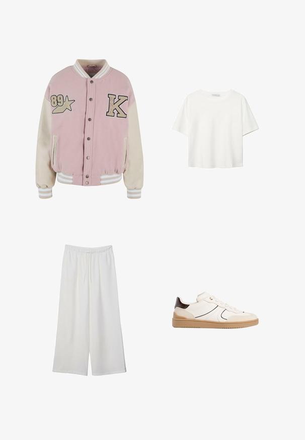 Karl Kani RETRO PATCH STAR OS COLLEGE - Bomber jakna - rose lightsand; Bela kratka majica s kratkimi rokavi iz bombaža. Ima okroglo izrezovanje in sproščen kroj. Gladka tekstura brez vidnih vzorcev ali poudarkov.; Bele široke hlače iz lahkega materiala, ki imajo elastičen pas in vrvico za prilagajanje. Gladka tekstura.; Stradivarius Športni copati - white