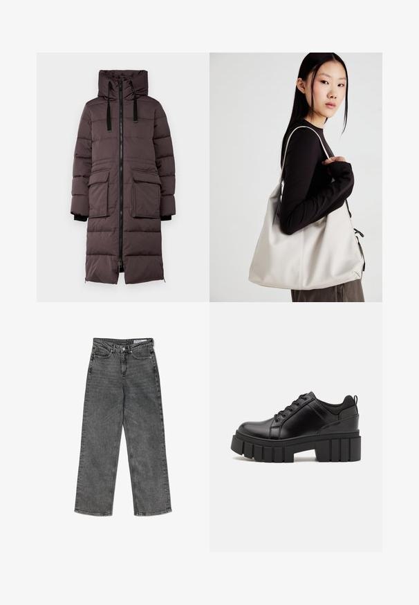 Dunkelbrauner Puffermantel mit hohem Kragen, Frontreißverschluss, zwei großen Taschen und gerippten Bündchen. Mit horizontalen Nähten für Isolation.; Set aus zwei Langarmoberteilen in Weiß und Schwarz. Rippstruktur, Rundhalsausschnitt, figurbetontes Design mit leicht ausgestellten Ärmeln.; Schwarze, hoch taillierte, gewaschenen Straight-Leg-Jeans mit Fronttaschen, Gürtelschlaufen, Knopfverschluss und einem markierten Innenbund-Label.; Schwarze Lederplateauschuhe mit klobigem Blockabsatz, runder Zehenpartie und traditionellem Schnürdesign. Verfügt über eine glatte Textur und minimale Details.; Beige Handtasche aus weichem Material, mit einem lässigen Design, gesteppten Details und zwei Schulterriemen. Geeignet für den täglichen Gebrauch.