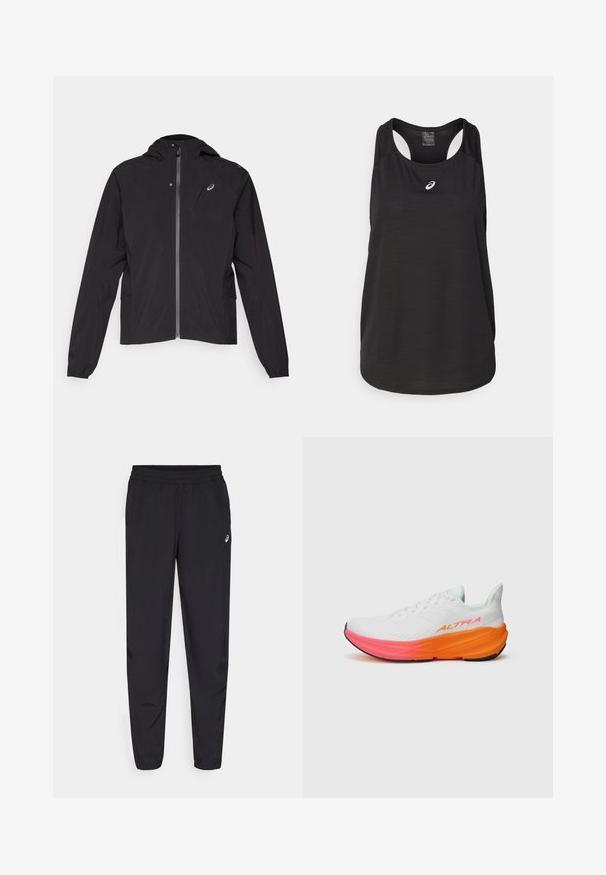 Črna lahka jakna, z zadrgo na sprednji strani, s kapuco, elastičnimi manšeti, stranskimi žepi in majhnim logotipom na levem prsnem predelu.; Črn atletski top brez rokavov, izdelan iz lahkega materiala. Ima okroglo ovratnico, obliko racerback in majhen beli logotip na sprednji strani.; Črne športne hlače z elastičnim pasom, zoženimi nogavicami z manšetami, izdelane iz lahkotnega, gladkega materiala, z majhnim logotipom na stegnu.; Bela atletska čevlja z teksturirano zgornjimi deli, ki ima barvit gradientni podplat v oranžni in roza barvi ter izstopajoč logotip na strani.