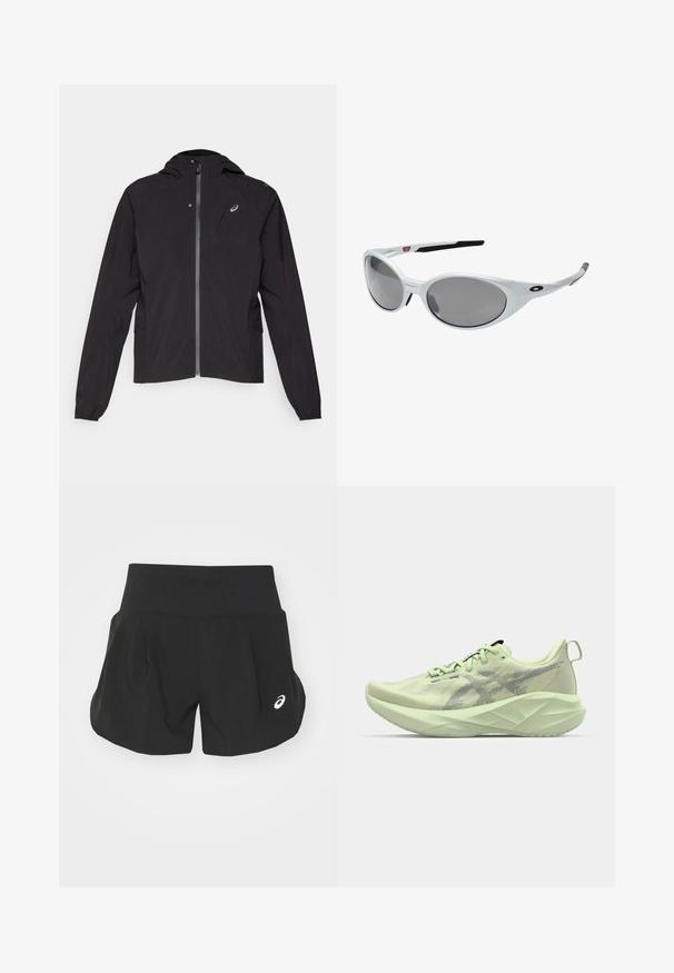 Zwarte lichtgewicht jas, met rits aan de voorkant, met capuchon, elastische manchetten, zijzakken, met een klein logo op de linkerkant van de borst.; Zwarte sportieve tanktop van lichtgewicht stof. Heeft een ronde halslijn, racerback ontwerp en een klein wit logo op de voorkant.; Zwarte sportshorts met een brede tailleband, geplooid ontwerp en een klein wit logo accent aan de linkerkant onderaan. Zacht, lichtgewicht materiaal.; Lichtgroene sportschoen met een bovenwerk van mesh, getextureerde accenten en een dikke, hoekige zool voor verbeterde demping en ondersteuning.; Witte kunststof zonnebril met grote ovale lenzen, grijs getint. Voorzien van zwarte oorsteunen en een klein logo op het montuur. Gladde afwerking.