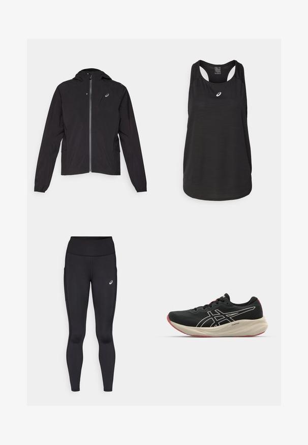 Black lightweight jacket, zippered front, hooded design, elastic cuffs, side pockets, featuring a small logo on the left chest area.; Black athletic tank top made of lightweight fabric. Features a round neckline, racerback design, and a small white logo on the front.; Black leggings with a high waistband, made from smooth, stretchy material. Features a subtle logo on the thigh and side pockets.; Black running shoe with a mesh upper and white accents. Features a cushioned midsole and red outsole detail. Lightweight design.