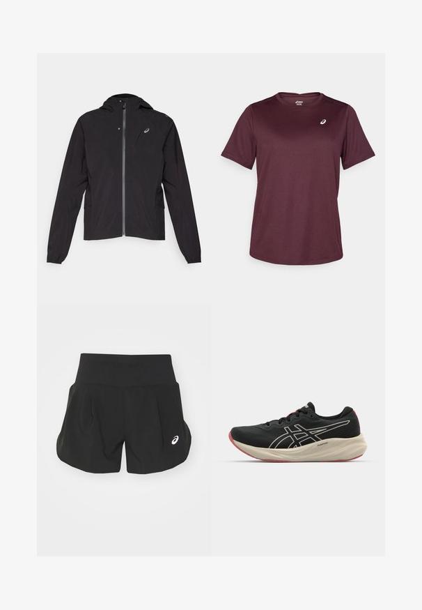 Chaqueta ligera negra, con cremallera frontal, diseño con capucha, puños elásticos, bolsillos laterales, que presenta un pequeño logo en la parte izquierda del pecho.; Camiseta deportiva en color burdeos, fabricada con un tejido transpirable, con mangas cortas y un escote redondo, que presenta un pequeño detalle de logo en el pecho.; Pantalones cortos deportivos negros con una cinturilla ancha, diseño plisado y un pequeño acento de logo blanco en la parte inferior izquierda. Material suave y ligero.; Zapatilla de running negra con parte superior de malla y acentos en blanco. Cuenta con una entresuela acolchada y detalle en la suela roja. Diseño ligero.