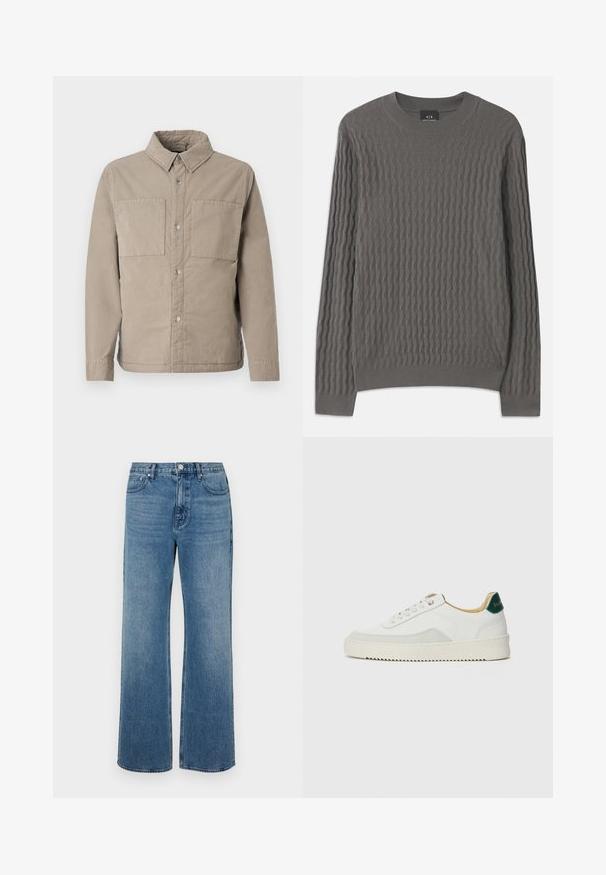 Beige button-up shirt made of textured cotton, featuring two chest pockets, a pointed collar, and long sleeves with buttoned cuffs.; Armani Exchange Jumper - dark gull zig zag; Wide-leg blue jeans made of denim with a faded finish. Features five pockets, a front button closure, and a straight cut.; White sneaker with suede accents, rounded toe, flat laces, and a cream rubber sole. Features green branding on the heel.