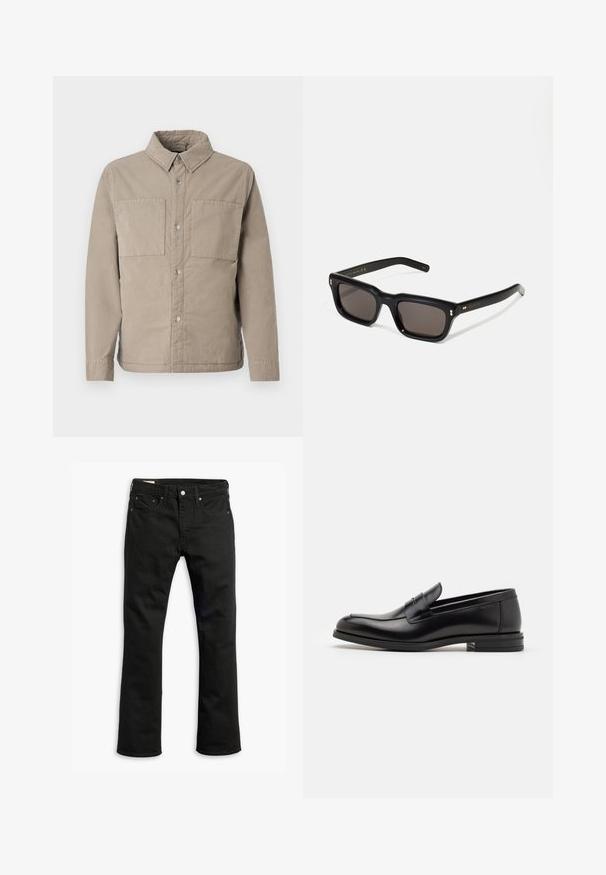 Camisa de botones beige hecha de algodón texturizado, con dos bolsillos en el pecho, un collar en punta y mangas largas con puños abotonados.; Suéter de cuello alto de un oscuro color navy, hecho de un tejido de punto fino, con mangas largas y un escote alto ajustado. Sin patrones ni acentos visibles.; Jeans de mezclilla negra con un diseño de pierna recta, cinco bolsillos, cierre de botón de metal y detalles de costura sutiles. Textura suave y color sólido.; Mocasines de cuero negro con una textura suave, puntera redondeada y una tira decorativa en el empeine. Tacón bajo apilado, diseño minimalista.; Gafas de sol rectangulares negras con lentes oscuros, marco de plástico grueso, acentos dorados en las patillas y logotipo de la marca grabado en el brazo.