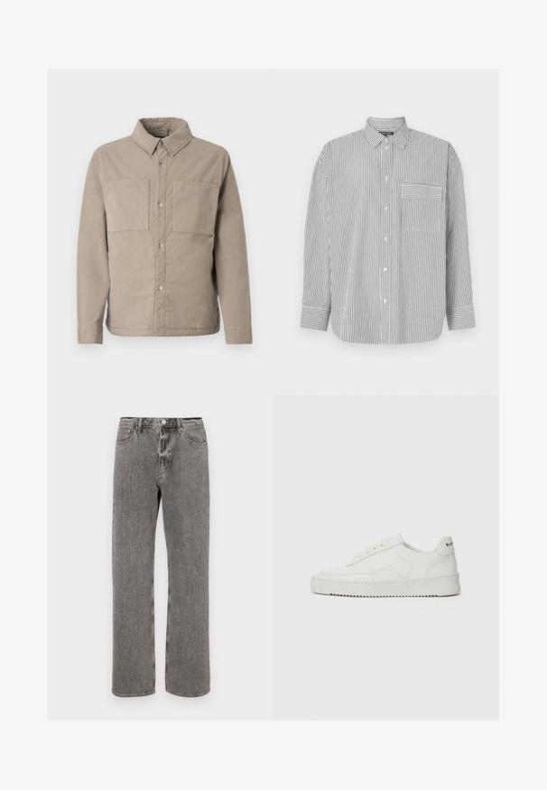 Chemise beige à boutons en coton texturé, dotée de deux poches poitrine, d'un col pointu et de longues manches avec des poignets à boutons.; Chemise rayée boutonnée en noir et blanc, dotée de manches longues, d'un col classique et d'une poche poitrine avec des rayures horizontales.; Jean en denim gris avec une coupe droite, un design à cinq poches et une fermeture à bouton au niveau de la taille. Texture légèrement délavée sur l'ensemble.; Baskets en cuir blanc avec une finition lisse, bout arrondi, lacets plats et semelle texturée. Présente un logo discret sur le talon.