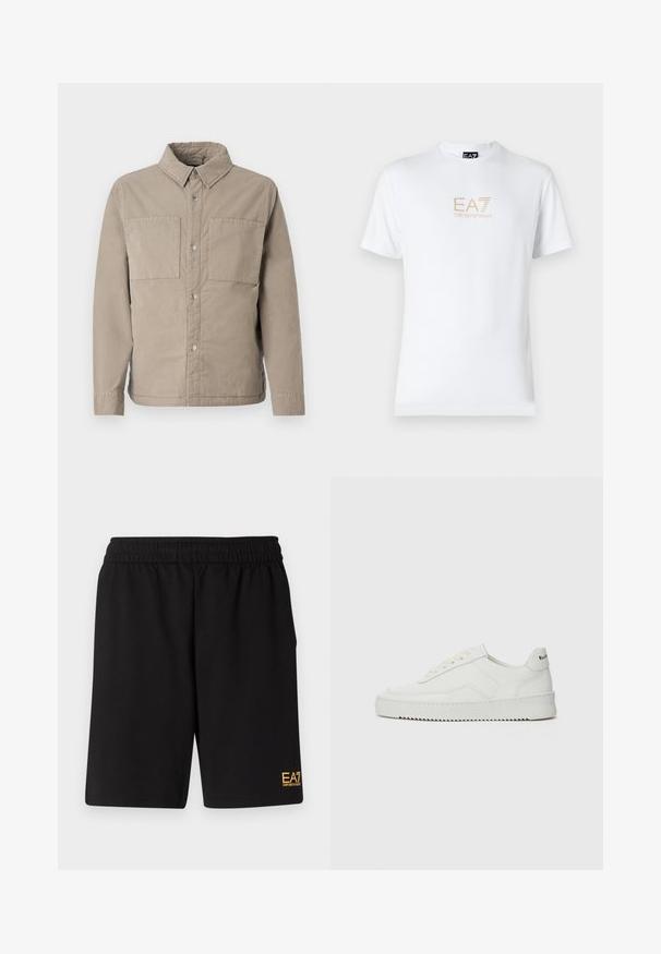 Beige skjorte med knaplukning lavet af tekstureret bomuld, med to brystlommer, en spids krave og lange ærmer med knapmanchetter.; Hvid bomulds t-shirt med rund halsudskæring og korte ærmer, prydet med et gold EA7 Emporio Armani logo trykt på forsiden.; Sorte atletiske shorts lavet af blødt stof, med en elastisk talje og et lille gult EA7-logo nederst på venstre ben.; Hvide lædersneakers med en glat overflade, rund tå, flade snørebånd og en tekstureret sål. Har et diskret logo på hælen.