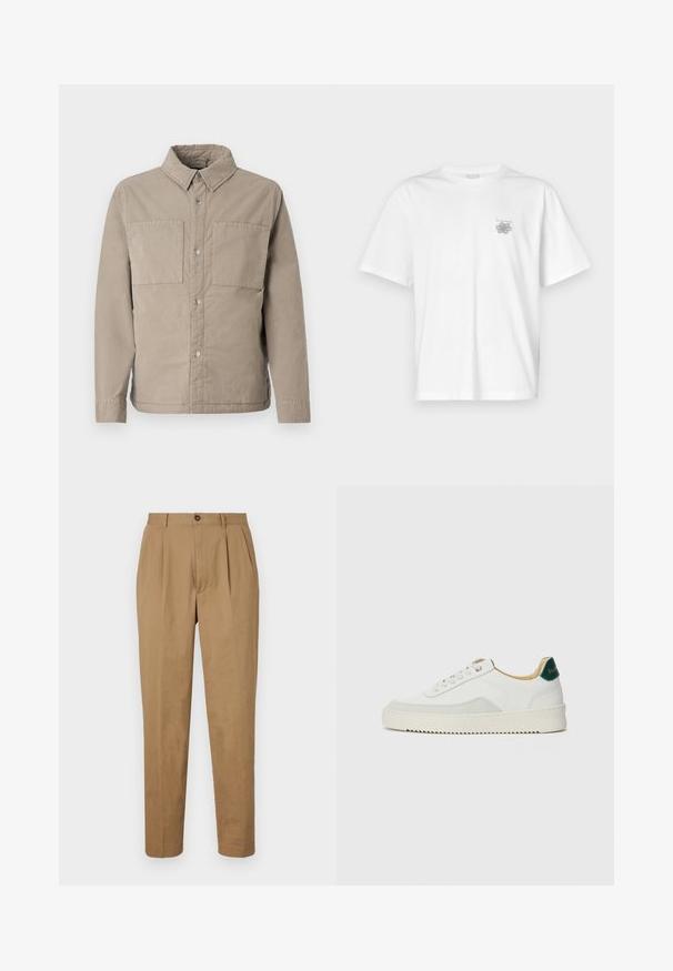 Šviesiai rudas mygtukų užsegimas marškiniai, pagaminti iš tekstūruoto medvilnės, su dviem krūtinės kišenėmis, aštriu apykakle ir ilgomis rankovėmis su mygtukais.; Balta medvilninė marškinėlių, su trumpomis rankovėmis, apykaklė nei per aukšta, nei per žema, ir mažas pilkas logotipas kairėje krūtinės pusėje. Lygi tekstūra.; Šviesiai rudos klostuotos kelnios tiesiu sijonu, pagamintos iš glotnaus audinio. Turi priekinį mygtuko užsegimą ir šonines kišenes.; Baltos sportbačiai su zomšos akcentais, apvaliu nosiu, plokščiais raišteliais ir kreminės spalvos guminiu padu. Ant kulno yra žalia ženklinimo detalė.