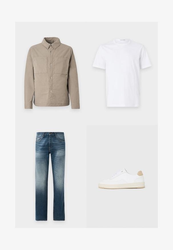 Bežs pogu krekls, kas izgatavots no teksturētas kokvilnas, ar divām krūšu kabatām, norādītu apkakli un garām piedurknēm ar pogājamiem aprocēm.; Balta kokvilnas T-krekls ar apaļu dekoltē un īsām piedurknēm. Gluda tekstūra, taisns griezums un minimālistisks dizains bez rakstiem vai akcentiem.; Tumši zili izbalināti džinsi, taisnas kājas dizains. Satur piecas kabatas, standarta josta ar cilpām un metāla pogu aizdari.; Baltās zemas kedas ar faktūru ādas virsu, krēmkrāsas rievojamu zoli un brūnu pacēlumu uz papēža. Iekļauj baltas auklas un logo detaļu uz papēža.