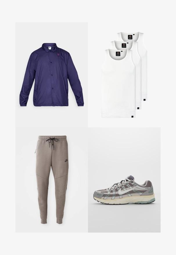 Lilla nailonist jakk, millel on krae, esitselfid ja elastne mansett. Omab väikest logo rinnal ja küljetaskuid.; Kolm valget ribaga t-särki, mis on valmistatud puuvillast. Omavad ümmargust kaelanõhku ja väikseid musti silte hemme lähedal. Saadaval erinevates suurustes.; Hallide Nike dressipüksid, millel on nööriga vöökoht, kitsenevad sääred, küljetaskud ja eristuv õmbluse detail. Pehme, tekstureeritud kangas.; Hallus hallitus jalanõud, millel on võrgust ja sametist ülemine osa, valged rõhutused, pehme tald ning eristuv disain peegelduvate elementidega.