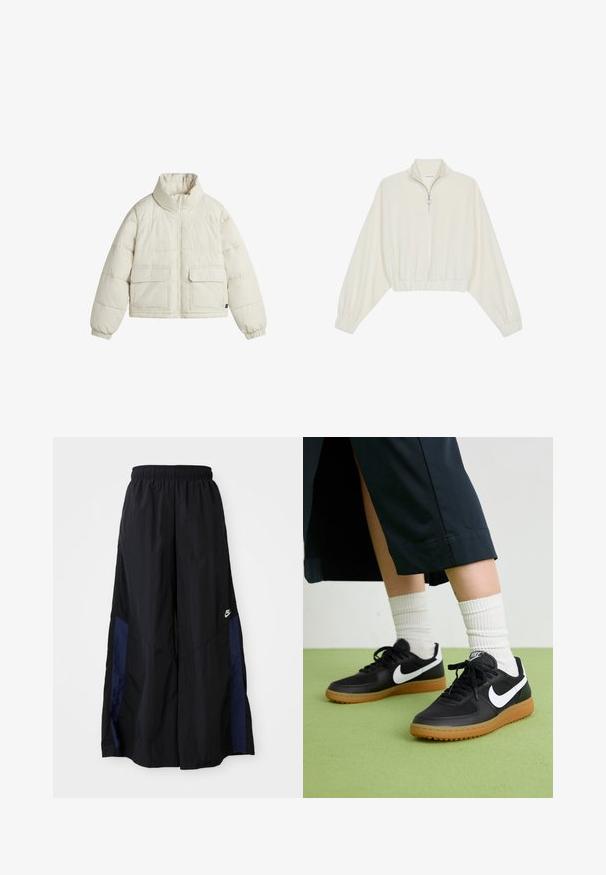 Giacca a vento in bianco sporco, con colletto alto, chiusura con zip e due tasche frontali con alette. Texture liscia con sezioni cucite.; Pullover accorciato in tessuto crema, con colletto alto, chiusura a zip parziale, orlo e polsini elasticizzati, dalla texture liscia e design minimal.; Pantaloni neri a gamba larga realizzati in tessuto leggero, con un pannello laterale blu navy e una cintura elastica. Piccolo logo bianco sul fondo.; Sneaker in pelle nera e sintetica con logo Nike bianco, suola in gomma, punta rotonda e lacci neri. Calze bianche a righe visibili.