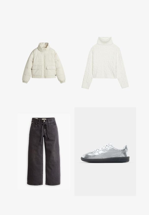 Puffjacke in Off-White, mit hohem Kragen, Reißverschluss und zwei Vordertaschen mit Klappen. Glatte Textur mit genähten Abschnitten.; Weißer, kabelgezopfter Rollkragenpullover mit kurzem Schnitt, der gerippte Bündchen und Saum aufweist. Weiche Textur mit einem gemütlichen, dicken Design.; Schwarze, weit geschnittene Jeans aus Denim mit einem Zugbandbund, fünf Taschen und kontrastierenden Nahtdetails. Flacher Frontschnitt.; Silberne Sneaker mit einer glatten, reflektierenden Oberseite, ausgestattet mit schwarzen Gummisohlen und klassischem Schnürdesign. Puma-Logo an der Seite.