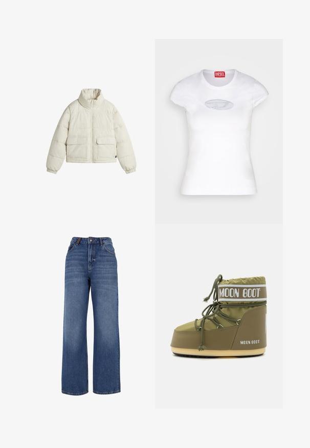 Chaqueta acolchada en color blanco roto, con cuello alto, cierre de cremallera y dos bolsillos delanteros con solapa. Textura suave con secciones cosidas.; Camiseta blanca ajustada de algodón, con escote redondo y mangas cortas, que presenta un logotipo bordado en azul claro en la parte delantera.; Pantalones vaqueros de pierna ancha hechos de tejido de algodón azul de peso medio. Presentan un diseño clásico de cinco bolsillos y una cremallera con cierre de botón.; Moon Boot ICON LOW UNISEX - Botas para la nieve - khaki