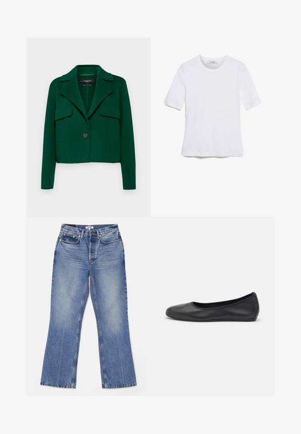 WEEKEND MaxMara KELLY - Nyári dzseki - verde; Fehér, rövid ujjú póló ribbed anyagból. Kerek nyakkivágás, normál szabás és diszkrét varrási részletek. Nincsenek minták vagy grafikák.; RE/DONE LOOSE - Bootcut farmer - hacienda; Fekete bőr balettcipő lekerekített orral, sima tekstúrával, minimális varrással és rugalmas talp kialakítással.