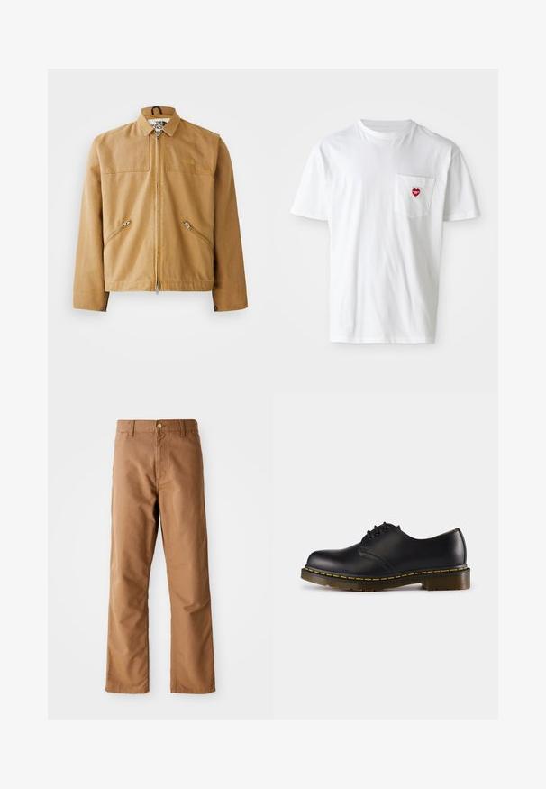 Rjava jakna z zadrgo spredaj in ovratnikom, z dvema poševnima stranskima žepoma ter logotipom na levi prsih. Narejena iz gladkega in trpežnega materiala.; Bela bombažna majica s krožnim ovratnikom in kratkimi rokavi. Ima majhen rdeč srčni logotip na levem žepu.; Rjave hlače ravnega kroja z zankami za pas, sprednjimi žepi, zapiranjem na gumb in zadrgo na belem ozadju.; Črn usnjen čevelj z zaobljenim nosom, zavezovanje z vezalkami, rumena šivanka ob podplatu in masiven, teksturiran gumijast podplat.