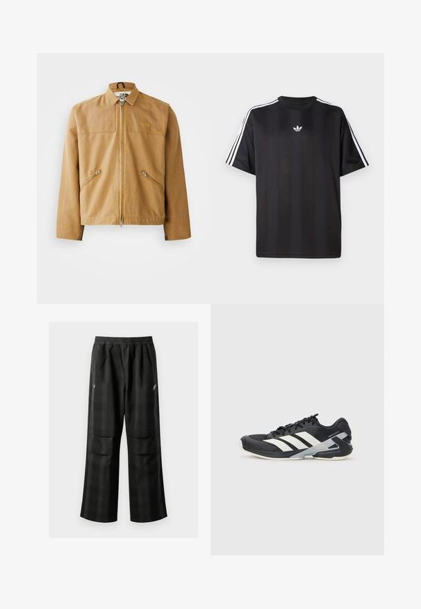 Jachetă maro cu fermoar frontal, cu guler, două buzunare laterale înclinate și un logo pe pieptul stâng. Fabricată dintr-un material neted și durabil.; Tricou negru cu mânecă scurtă, cu detalii albe cu trei dungi pe umeri și un mic logo alb pe piept. Textură de țesătură netedă.; Pantaloni cu un model carourile negre, având talie elastică, două buzunare frontale și un croi lejer cu picioare drepte. Construiți dintr-un material ușor.; Pantofii sport negri cu dungi albe, superior din plasă, vârf rotunjit și talpă îmbunătățită pentru amortizare. Au o călcătură texturată și un sistem de șireturi securizat.