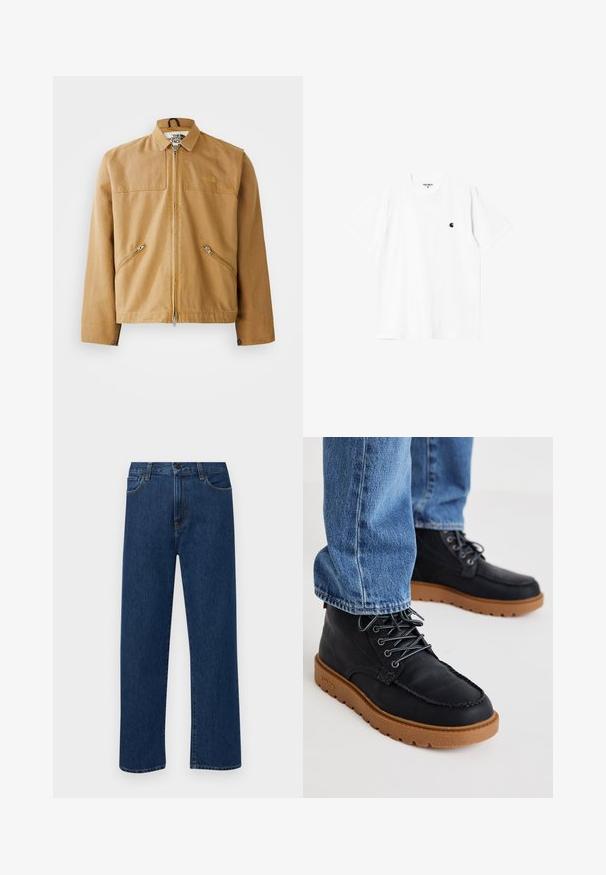 Brun zip-front jakke med krage, to skrå lommer og en logo på venstre bryst. Laget av glatt, slitesterkt stoff.; Hvit bomull t-skjorte med korte ermer, rund hals og en liten svart logo på venstre bryst. Myk tekstur og standard passform.; Mørkeblå rette jeans i denim med frontlommer og knappelukking, vist på en enkel hvit bakgrunn.; Svarte lærstøvler med teksturert overflate, kontrasterende brun gummisåle og grå snøringer; kombinert med blå jeans.