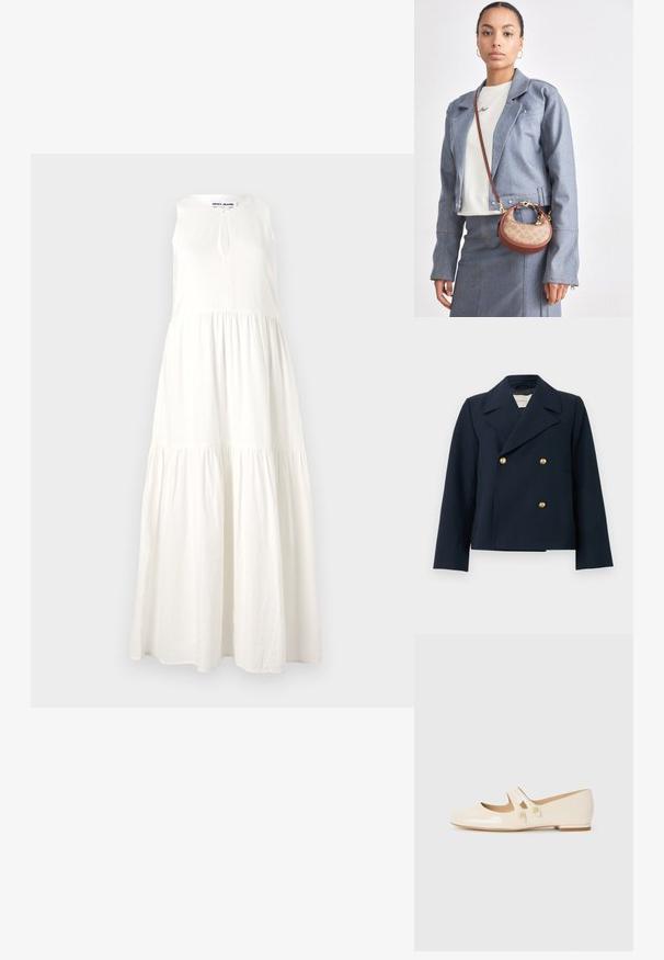 Sötétkék, dupla gombos kabát strukturált anyagból, nagy aranygombokkal és széles reverrel. Testhez simuló fazon, hosszú ujjal.; Fehér, ujjatlan maxi ruha, réteges kialakítással, kulcslyuk részlettel a nyakvonalnál és könnyed, légies anyaggal.; Elefántcsont színű, patent bőr balettcipők két díszítő pánttal és arany gombokkal, lekerekített orral és alacsony blokk sárral.; Kicsi barna és bézs női táska klasszikus logó mintával, arany részletekkel és ívelt formával, farmerdzsekivel és szoknyával párosítva.