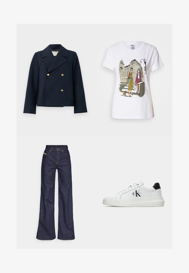 Námorně modrá dvouřadá bunda vyrobená z texturované látky, která má velké zlaté knoflíky a široký límec. Přizpůsobený střih s dlouhými rukávy.; Bílý bavlněný tričko s potiskem, který zobrazuje dvě ženy v městských módních stylech se psem na přechodu a městskými budovami.; Tmavě modré džíny s širokým střihem vyrobené z denimové tkaniny, s vysokým pasem, oranžovým prošíváním, pěti kapsami a zapínáním na knoflík.; Bílé nízké tenisky s černým patním tabem, platformovou podrážkou, tkaničkami a logem Calvin Klein "CK" na boku.