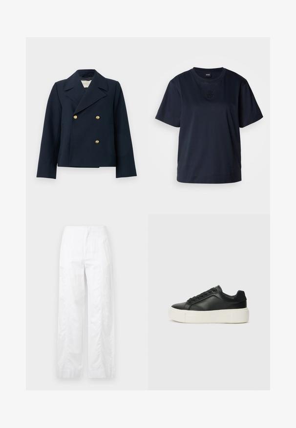 Sötétkék, dupla gombos kabát strukturált anyagból, nagy aranygombokkal és széles reverrel. Testhez simuló fazon, hosszú ujjal.; Sötétkék, rövid ujjú póló, puha pamutból készült. Kerek nyakkivágással és egy diszkrét hímzett logóval rendelkezik a mellrészen.; Fehér, széles szárú nadrág könnyű anyagból, sima textúrával, letisztult vonalakkal és magasderék kialakítással.; Fekete bőr sportcipő lekerekített orral, fehér platformtalppal és fekete fűzőkkel. Diszkrét logó található a sarokon és sima felülete van.