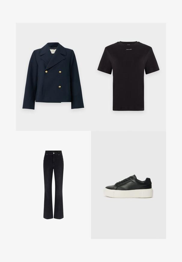 Marineblauwe dubbelzijdige jas van gestructureerde stof, met grote gouden knopen en een brede revers. Perfecte pasvorm met lange mouwen.; Zwarte katoenen t-shirt met korte mouwen, ronde hals en klein wit "Calvin Klein" logo op de borst. Gladde textuur, klassieke pasvorm.; Zwarte denim flare jeans met een hoge taille, een vijf-pocket ontwerp en metallic knoopaccenten aan de zijkanten. Glad textuur en klassieke pasvorm.; Zwarte leren sneaker met een ronde neus, witte platformzool en zwarte veters. Bevat een subtiele logo op de hiel en een gladde textuur.