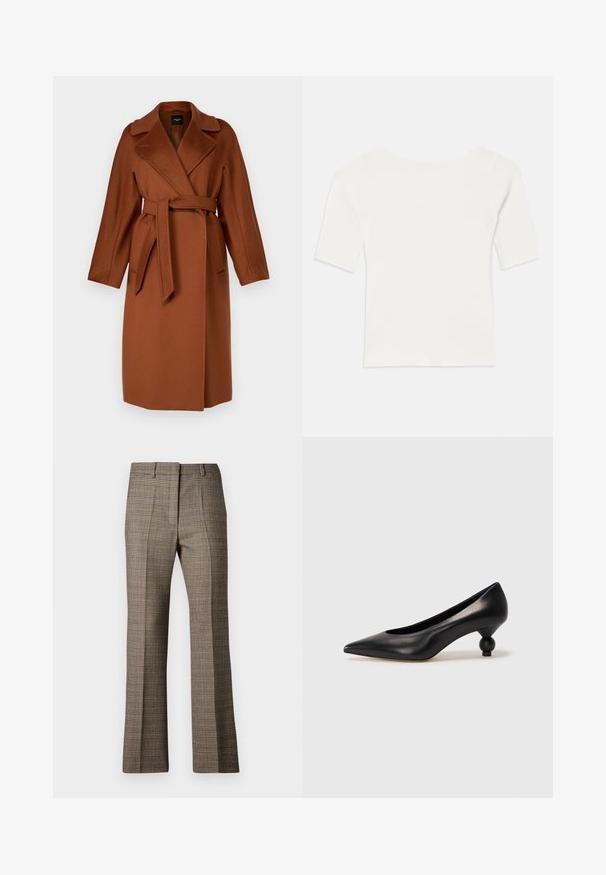 WEEKEND MaxMara RESINA brązowy; Biała, prążkowana bluzka z krótkim rękawem i szerokim dekoltem. Tekstura posiada pionowe paski, podkreślające dopasowany krój i prosty design.; Brązowe spodnie w kratę o prostym kroju nogawki, z teksturowanej tkaniny i subtelnymi kolorami beżu oraz ciemniejszego brązu w całym wzorze.; Czarna skórzana szpilka z ostrym czubkiem i okrągłym, kulistym obcasem. Gładka tekstura z eleganckim, minimalistycznym wzornictwem.