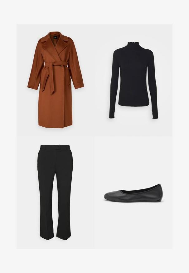Weekend Max Mara RESINA - Mantel - cuoio; Zwarte langärmelige turtleneck top van soepel stof, met een gerimpelde hals en een aansluitende silhouet met eenvoudige randen.; Zwarte op maat gemaakte broeken met een recht gesneden ontwerp, voorzien van riemlussen en zijzakken. Gemaakt van een gladde stof met een nette afwerking.; Zwarte leren ballerina met een ronde neus, gladde textuur, minimale stikdetails en een flexibele zoolontwerp.