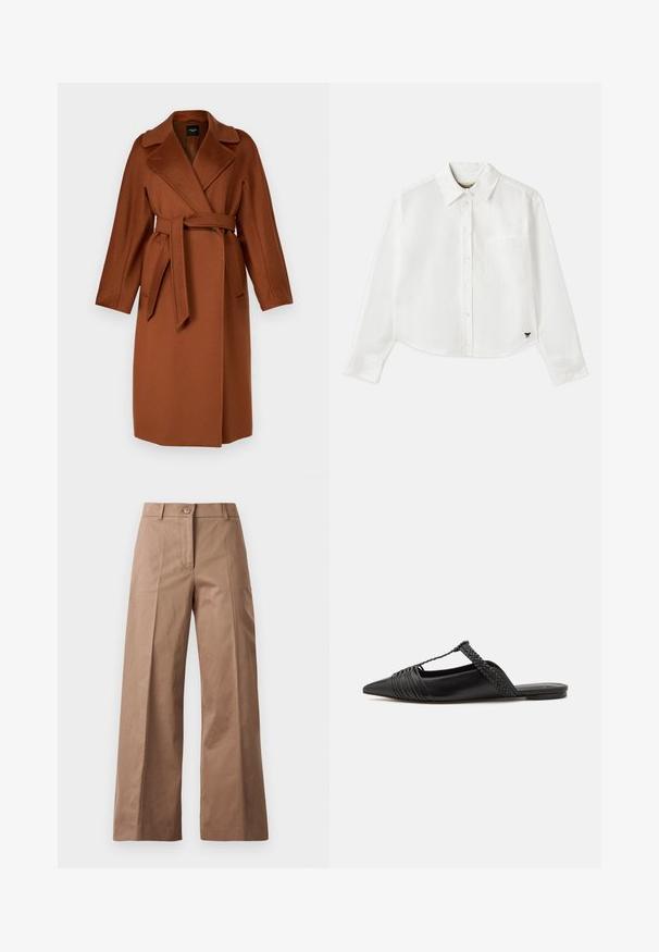 WEEKEND MaxMara RESINA - Klasisks mētelis - cuoio; Balta, īsa garuma piedurkņu krekls, kas izgatavots no kokvilnas. Tam ir pogājama priekšpuse, krūšu kabata un mazs melns logo apakšējā kreisajā stūrī.; Brūni platajās kājas bikses, izgatavotas no gludas auduma, ar priekšējo pogu aizdari, divām priekšējām kabatām un tīrām, pielāgotām līnijām.; Melnas ādas slingback kurpes ar norādītu purngali, kurām ir austoša akcenta un krokota augšdaļa. Plakana zole ar minimālu aparatūru.