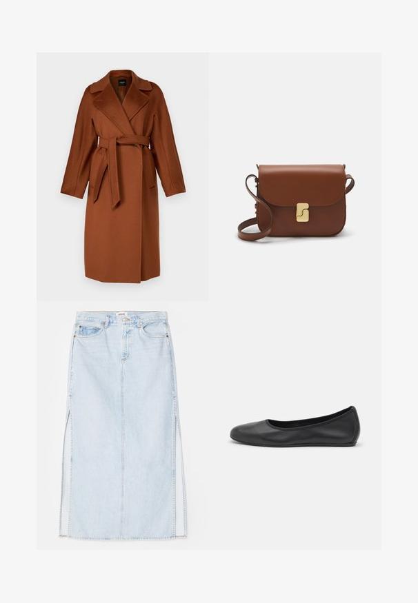 WEEKEND MaxMara RESINA - Klassikaline mantel - cuoio; Valge lühikeste varrukatega T-särk ribatud kangast. Ümara kaelusega, tavalisest sobivusest ja peente õmbluse detailidega. Ilma mustrite või graafikateta.; Heledsinine denim maxi seelik sirge lõikega, millel on külgmised lõhed ja viie taskuga disain. Silmapaistev õmblus ja metallist nööp sulgemiseks.; Musthave mustika tantsutossud mustast nahast, ümmarguse varbaga, siledast tekstuurist, minimaalse õmblusdetailiga ja paindliku tallakujundusega.; Pruunist nahast käekott, millel on klapiga sulgur, kuldne riistvara, õlarihm ja sile tekstuur. Kompaktne ristkülikukujuline vorm.