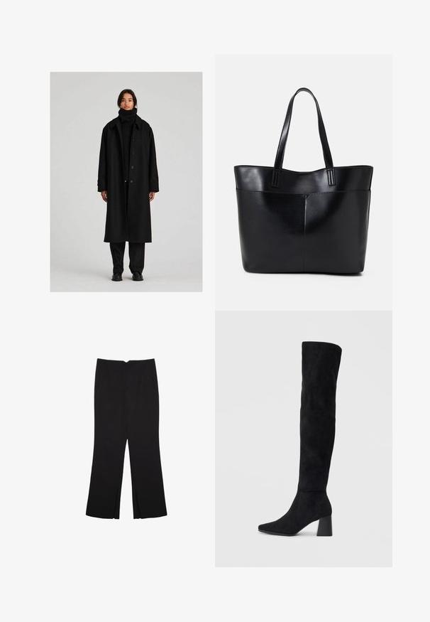 Črn dolg plašč z širokim ovratnikom, gumbi in sproščenim krojem. Obut nad ujemajočim črnim rolakom in hlačami iz teksturirane tkanine.; Bela kratka majica s kratkimi rokavi in ribanim tekstilom ter okroglim izrezom. Mehak material in sproščen kroj, ki se ponaša s preprostim dizajnom brez dodatnih vzorcev.; Črne hlače ravnega kroja z naglavnimi žepi in stranskimi razporki na robu. Narejene iz mehke, gladke tkanine. Primerne za različne priložnosti.; Črne semiš škornje do kolen z blok peto, s koničastim nosom in gladkim, brezšivnim dizajnom na enostavni svetli podlagi.; Črna usnjena torba z dvema dolgima ročajema, gladko teksturo in strukturirano obliko. Ima sprednji žep za dodatno shranjevanje.