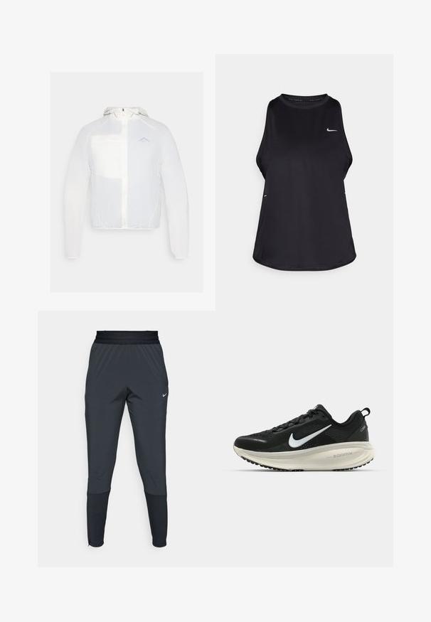 Witte lichtgewicht jas met capuchon, voorzien van een rits, mesh zak en subtiele logodetail. Gladde textuur en minimalistisch ontwerp.; Zwarte mouwloze hardlooptanktop van lichtgewicht materiaal met een ronde hals; heeft een subtiel logo en zijslits voor ventilatie.; Nike sportieve broek in donkergrijs, met een tapered leg ontwerp, elastische tailleband en accentdetails bij de boorden.; Zwarte Nike hardloopschoen met ademend mesh bovenwerk, witte swoosh-logo, gestructureerde details en een crèmekleurige ZoomX middenzool.