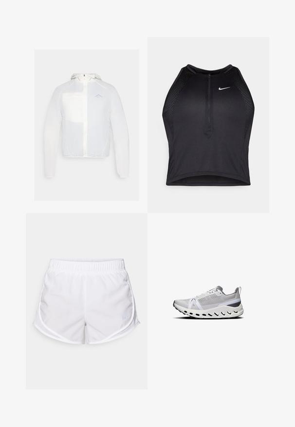 Witte lichtgewicht jas met capuchon, voorzien van een rits, mesh zak en subtiele logodetail. Gladde textuur en minimalistisch ontwerp.; Zwarte atletische crop top met een rits aan de voorkant, mesh accenten en een aansluitend ontwerp. Gemaakt van rekbare, ademende stof. Nike-logo aan de voorkant.; Witte sportshorts van lichtgewicht, ademend materiaal. Voorzien van een elastische tailleband en mesh zijpanelen, met een klein blauw logo accent.; Witte sportieve schoenen met een mesh bovenkant, grijze accenten, een dikke dempingszool en meerdere ventilatiegaten langs de onderrand.