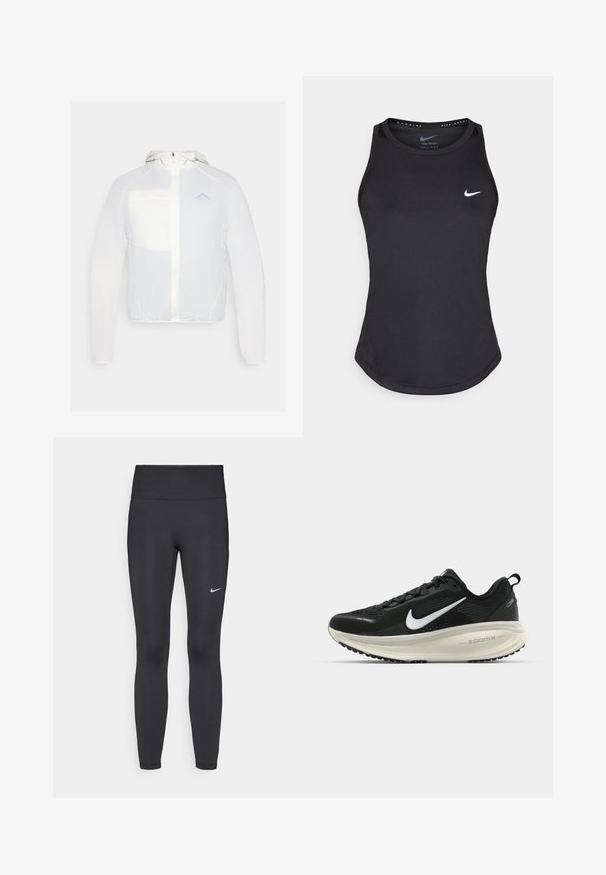 White lightweight jacket with a hood, featuring a zip front, mesh pocket, and subtle logo detail. Smooth texture and minimal design.; Black athletic tank top made from moisture-wicking material. Features a round neckline, slim fit, and white Nike logo on the chest.; Black leggings made of stretchy fabric, featuring a high waistband and a white Nike logo on the left thigh. Smooth texture, form-fitting design.; Black Nike running shoe with breathable mesh upper, white swoosh logo, textured detailing, and a cream-colored ZoomX midsole.